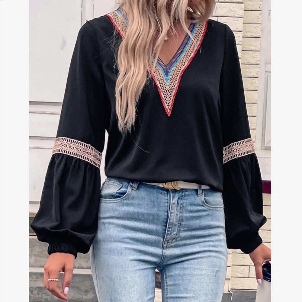 Boho Sheer Mesh Lace Long Sleeve Top Blouse Shirt Black - Picture 1 of 7